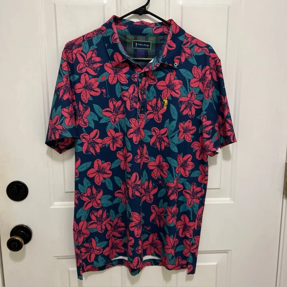 William Murray Men's Floral Golf Polo Shirt - Blue and Pink Medium